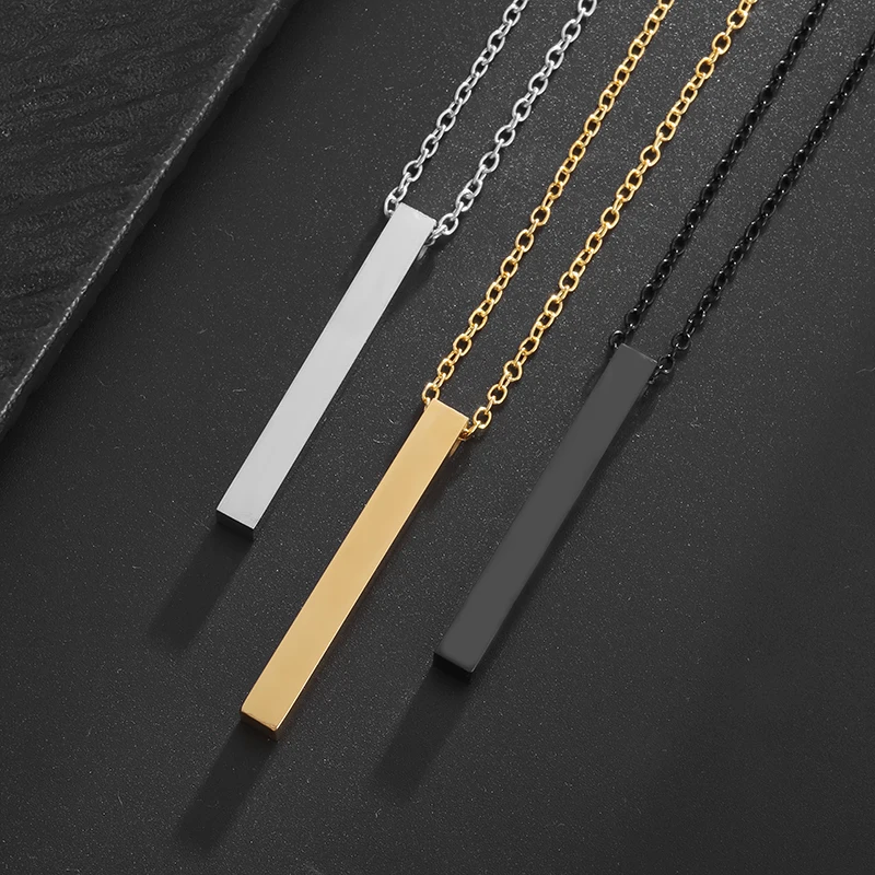 High-Quality Stainless Steel Glossy Cubic Column Pendant Necklace Men Women Simple Trendy Three-Dimensional Long Jewelry Gift