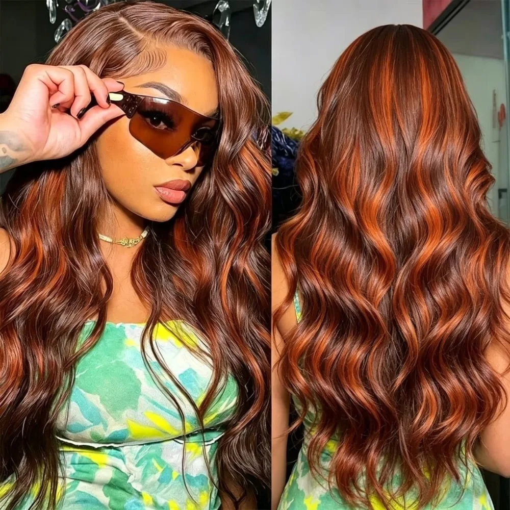

Body Wave Highlight Ginger Orange Synthetic Lace Front Wigs 13x4 Synthetic for Cosplay Party Halloween Wigs