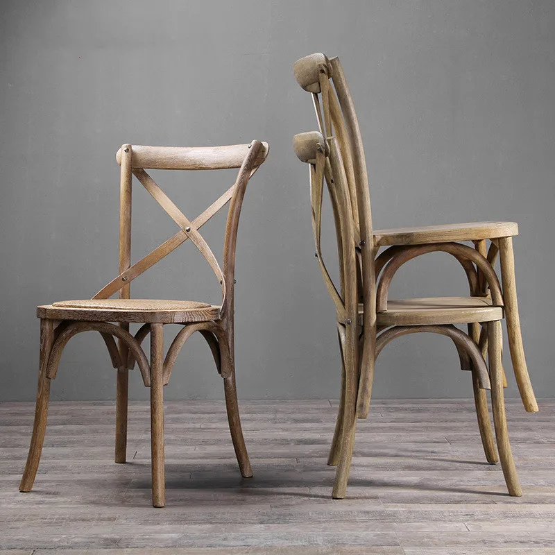 

American solid wood chair dining chair simple home fork chair rattan back retro dining table Nordic restaurant
