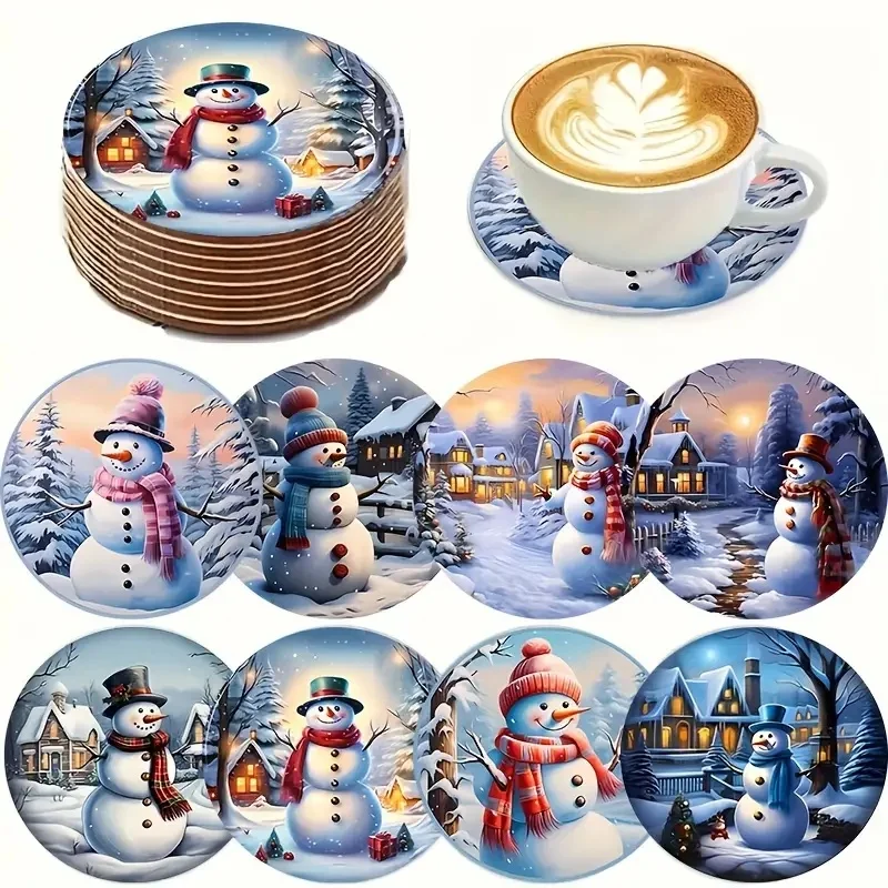 Die 8-teilige Weihnachts-Schneemann-Serie mit gemusterten, bedruckten Holzuntersetzern und rutschfesten Pads eignen sich als Weihnachtsgeschenke.