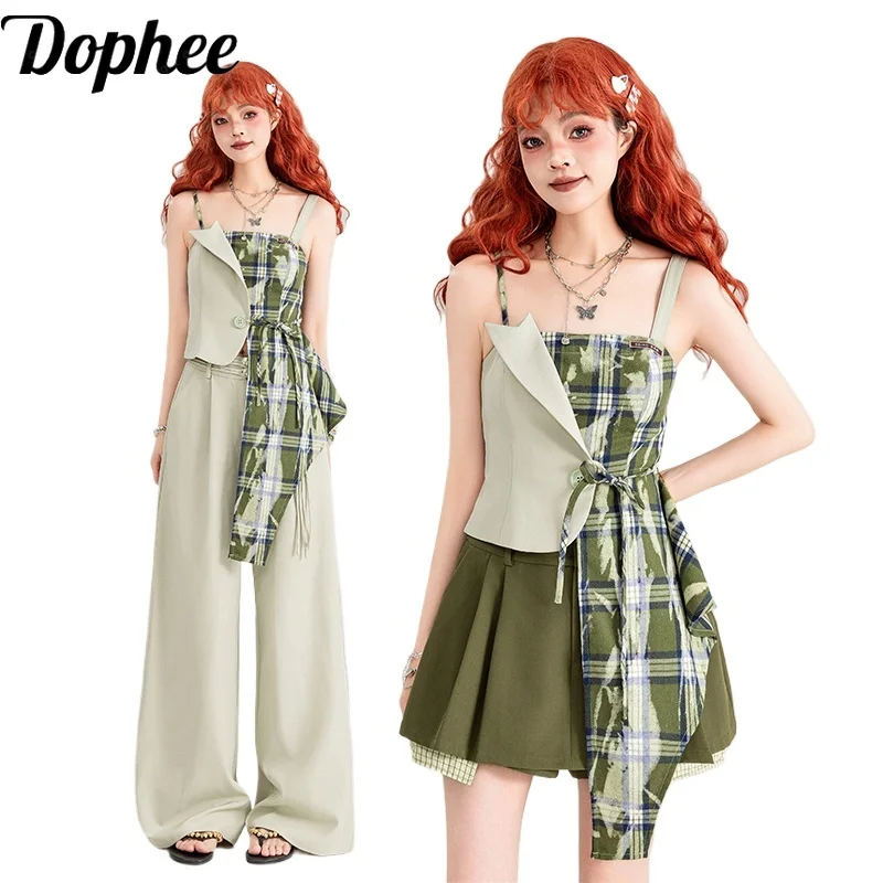 

Dophee Original Fake Two Piece Green Plaid Camisole Spice Girls Summer Strap Tanks Top A-line Short Skirt Casual Straight Pants