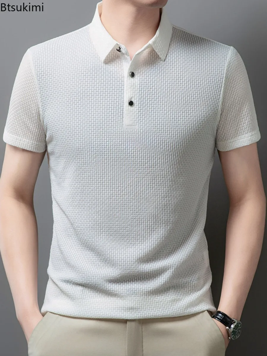 

New 2025 Men's Checkered Short Sleeved Shirt Solid Color Casual Loose Polo Shirt Breathable and Comfortable Elastic Top for Men