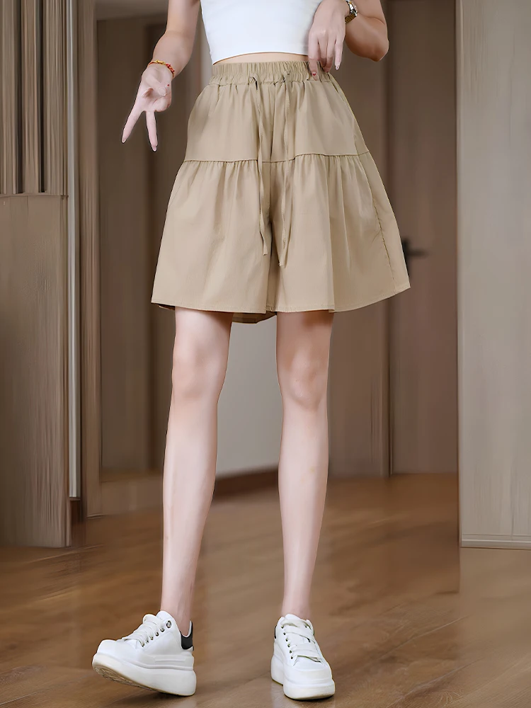 

Быстросохнущие шорты из ледяного шелка для женщин: повседневные, с высокой талией, А-силуэт, тонкие, летние, новый стиль, элегантные, широкие, длиной до колена