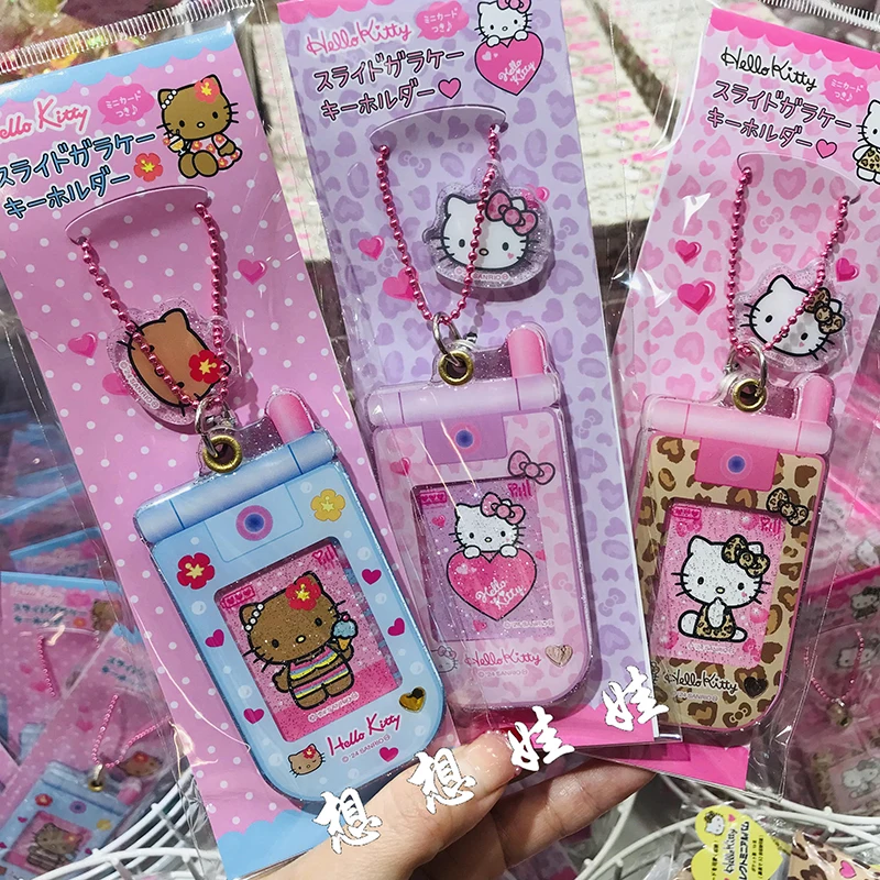 Hello Kitty von Sanrio Japan, Handyhülle aus schwarzem Leder mit Leopardenmuster, Schlüsselanhänger, Anime-Dekoration für Damen