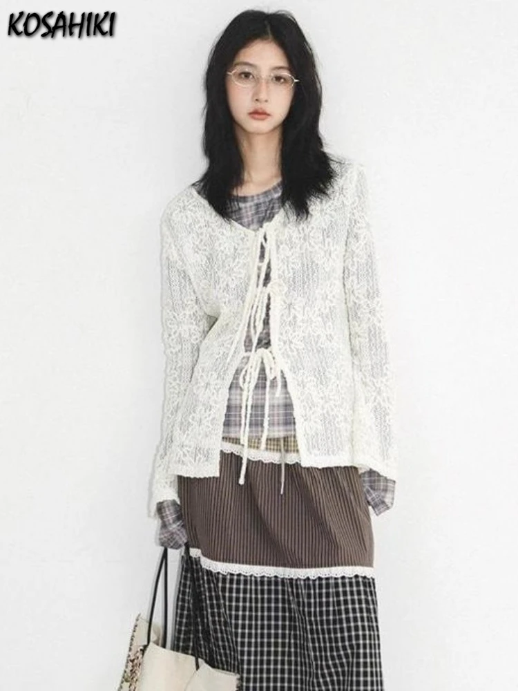 

Fairy Lace Jacquard Sun Protection Women Shirts Harajuku Hollow Out Bandage Sweet Blouse 2025 Summer Y2k Aesthetic Grunge Blusas
