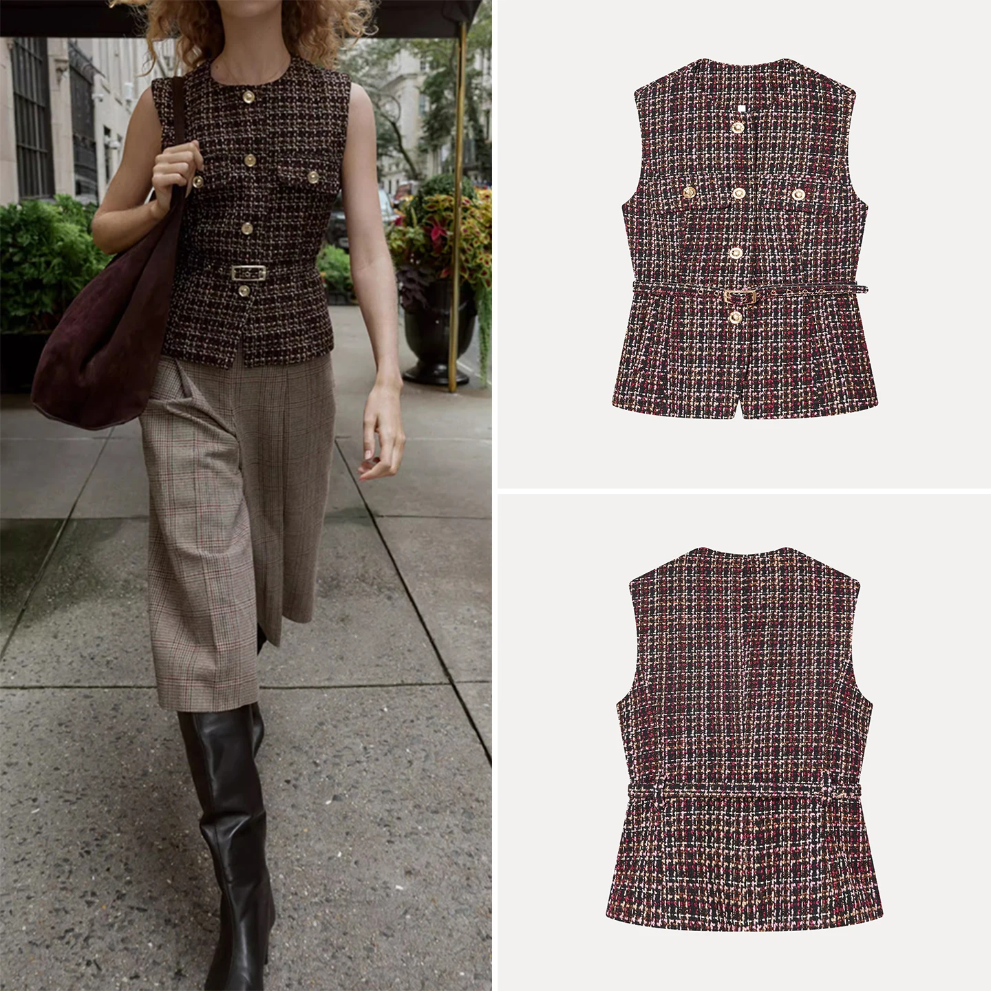 

Z Women's Textured Svel round Ne Buttoned Waist Belt Vest 2025 New Sle Commute Autumn Plaid Patterned
