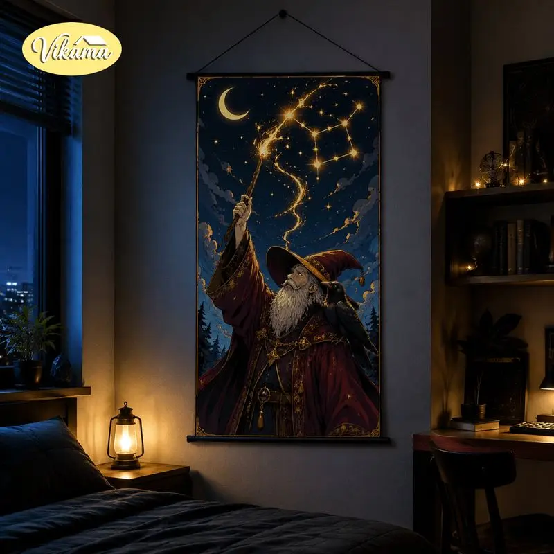 VIKAMA Old Wizard Tapestry White Beard Magic Wand Constellation Raven Moon Fantasy Anime Art Polyester Wall Hanging Bedroom Dorm