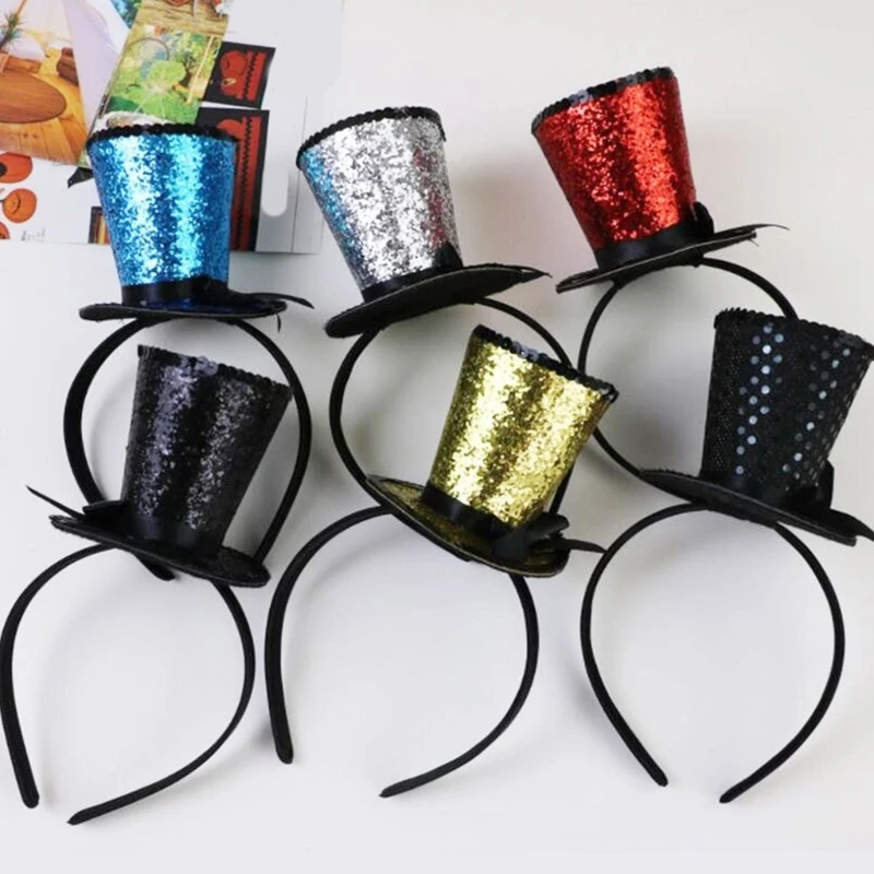 Kids Vintage Fascinator Top Hat Hair Hoop with Veil Glitter Pillbox Hat Hairband for Child Festival Halloween Party Stage Props