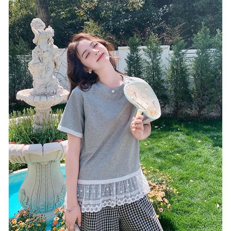 Coreano renda emendada cinza manga curta camiseta xadrez calças de perna larga terno para mulher verão conjunto de duas peças