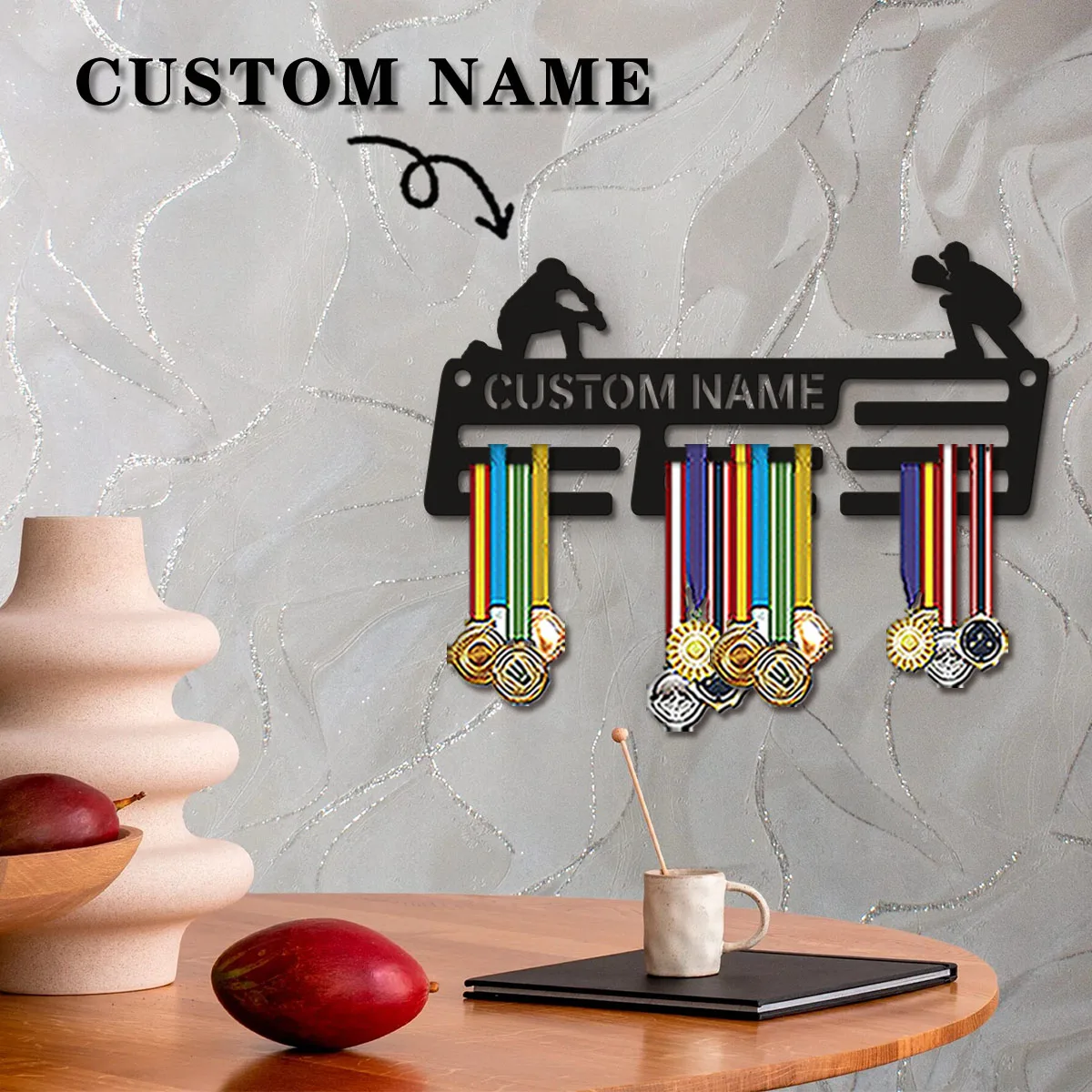 1pc Custom Wooden baseball player Medal Hanger, Personalized Medal Display Rack for Athletes,Ideal Gift for Family Friends view 3