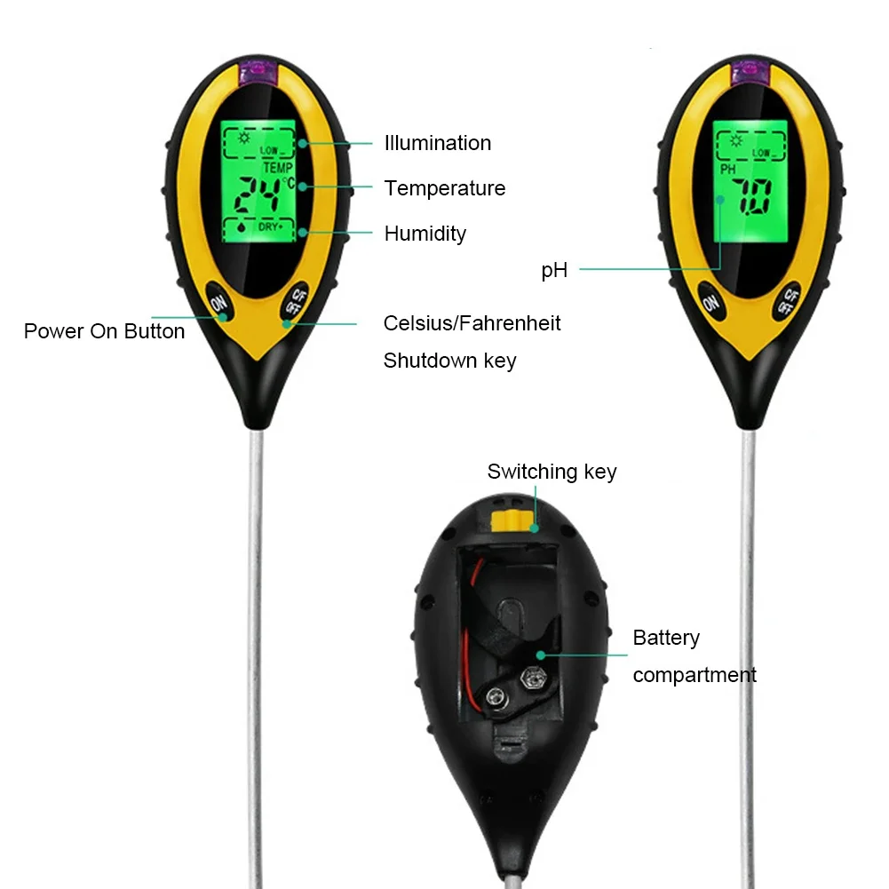 Professional Soil PH Meter 4 In1 LCD Temperature Humidity Sunlight Intensity PH Moisture Meter Garden Soil Tester for Plant Care