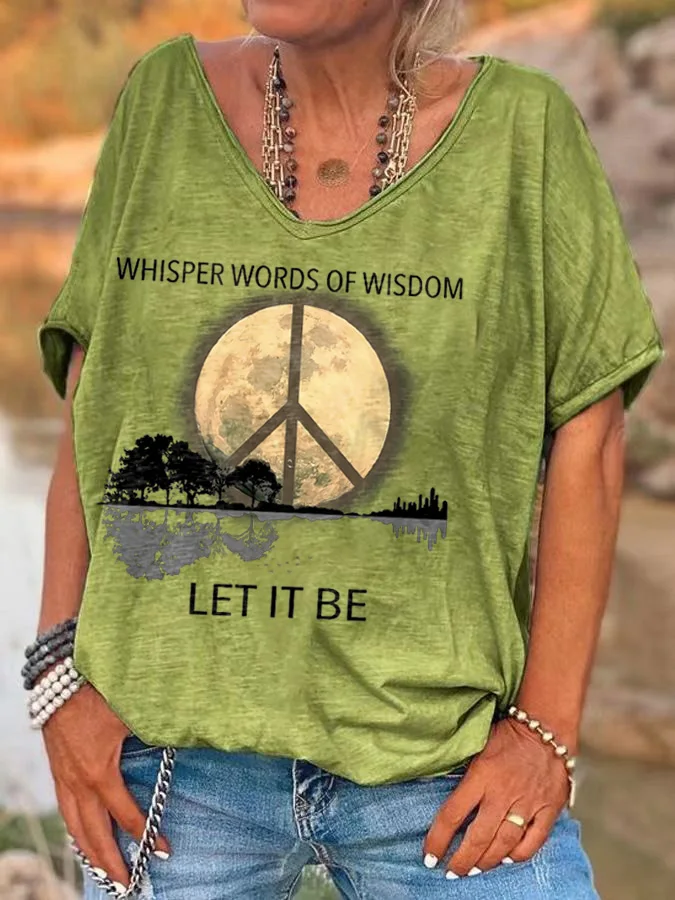 Ladies Hippie Let It Bet Print T-Shirts Women's V Neck T Shirt Short Sleeve Casual Loose Tops