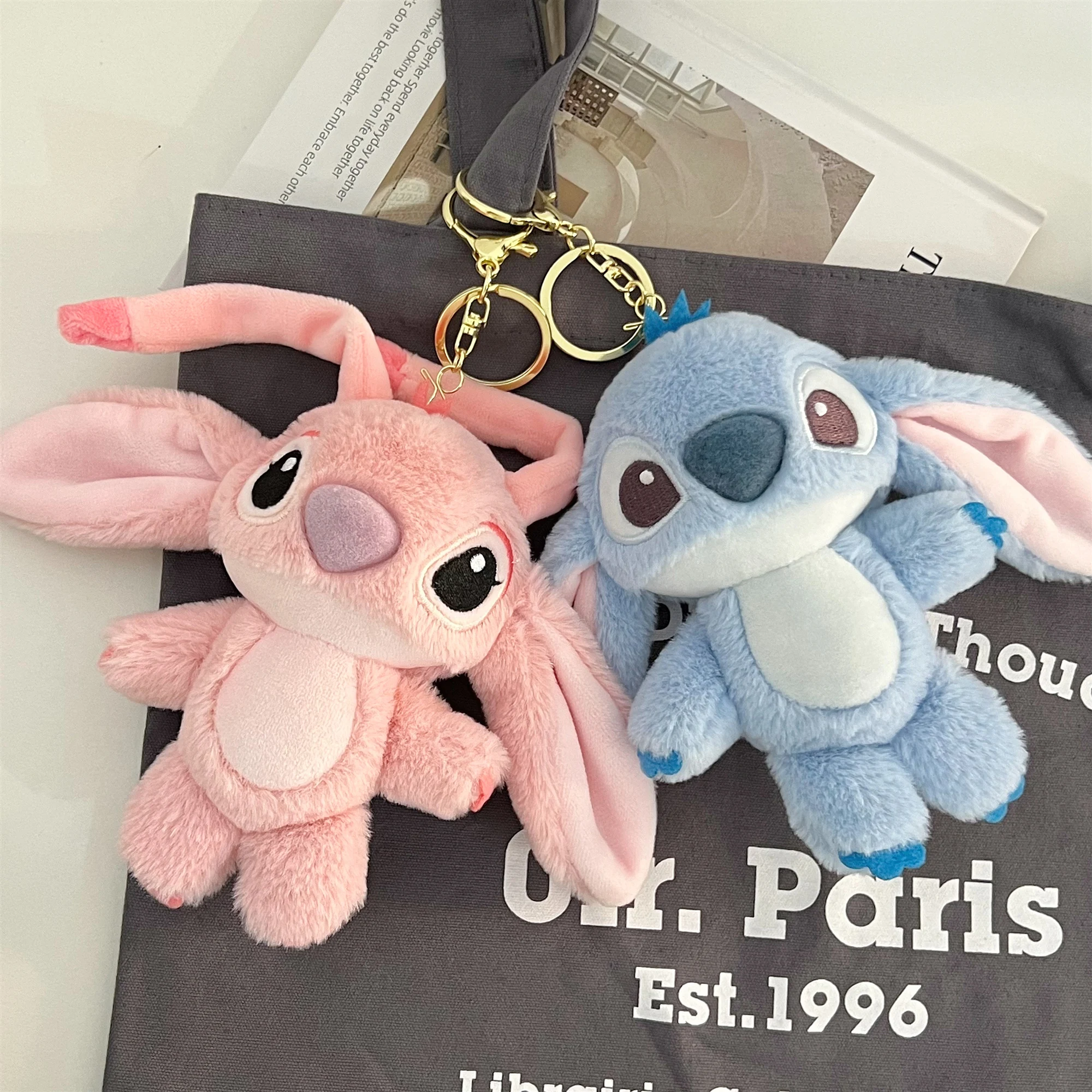 

Lovely 12cm Stitch and Angel Doll Bag Pendant Cartoon Anime Lilo & Stitch Plushies Keychains Birthday Gifts For Girl