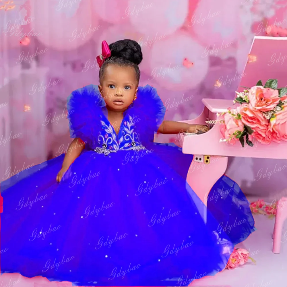 

Luxurious Royal Blue Puffy Sleeves Flower Girl Dress Mesh Suitable For Bridesmaids Birthdays Teen Events Performance Dresses