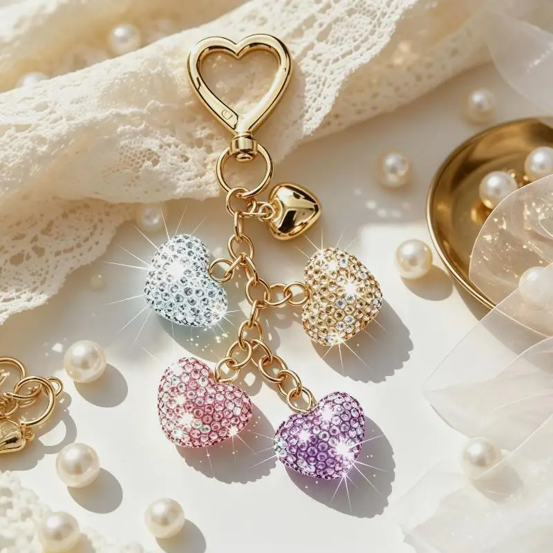 Layered Bling Crystal Heart Keychain Multi Rhinestone Bag Pendant Durable Key Holder for Women Daily Commute