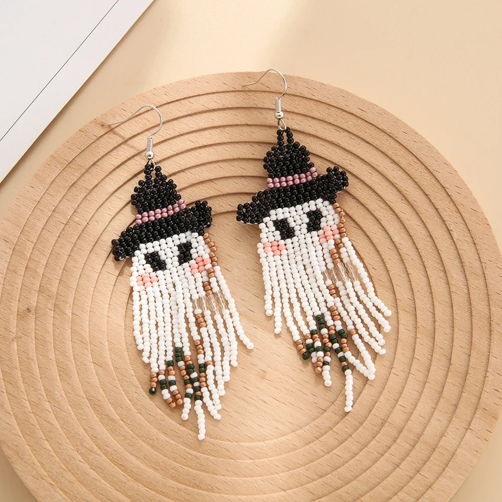 Rice bead earrings Tassel All Saints' Day Pumpkin Versatile Design Hand knitting Bohemia Alloy Fashion Female Beaded earrings