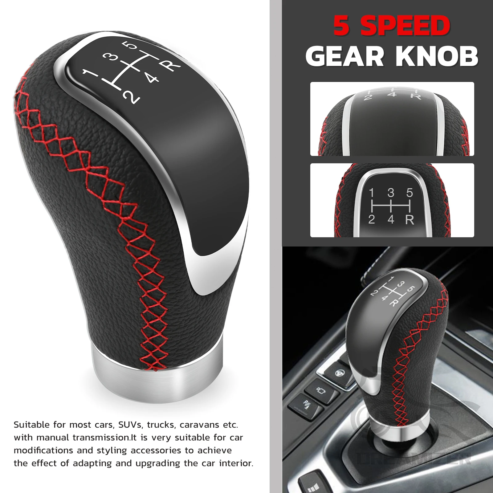 Universal 5 Speed Leather Gear Shift Knob Handle Cowhide Cover PU Leather Auto Accessories For All Manual Car