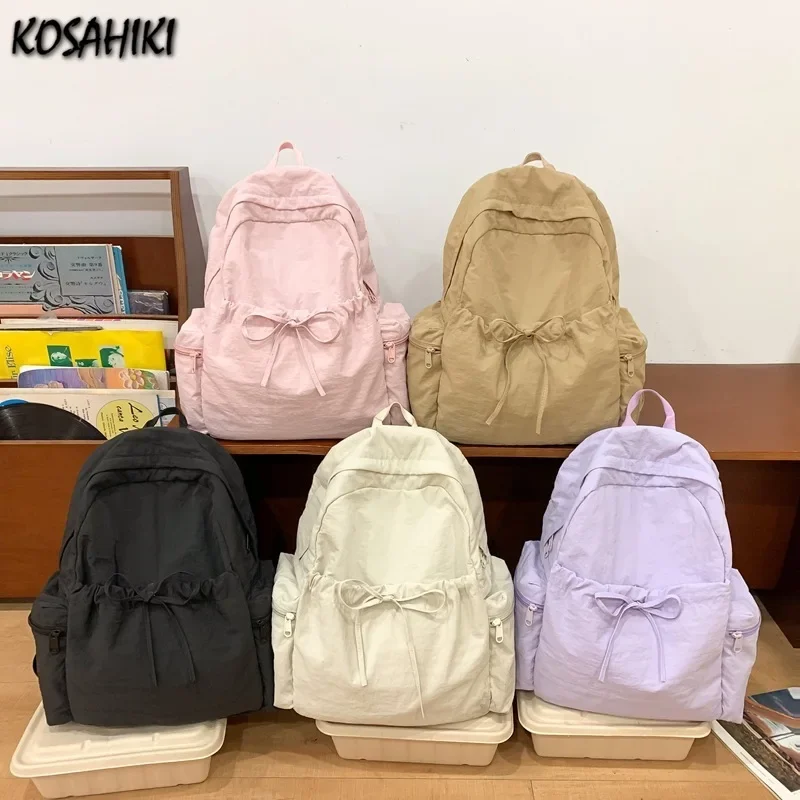 Women Students Simple Solid Casual Schoolbags Y2k Aesthetic All Match Vintage Backpack Preppy Fashion Trendy Chic Bow Backpacks