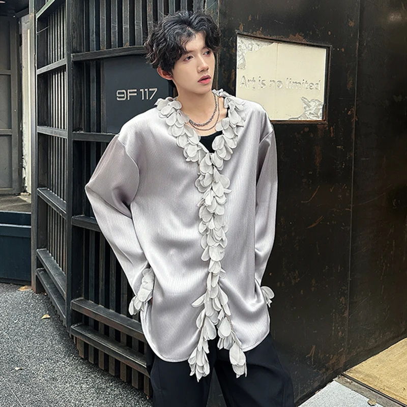 WTHT Trendy Men's Heavy Industy Spliced Flower Design Shirts Fashion 2026 Spring Solid Color V-neck Loose Tops Male 2A2790