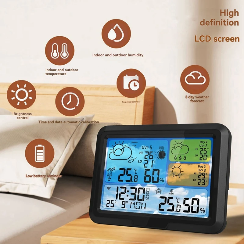 TUYA Weather Clock Indoor Outdoor Temperature & Humidity Detector Multi-Function Weather Station WIFI EU Plug