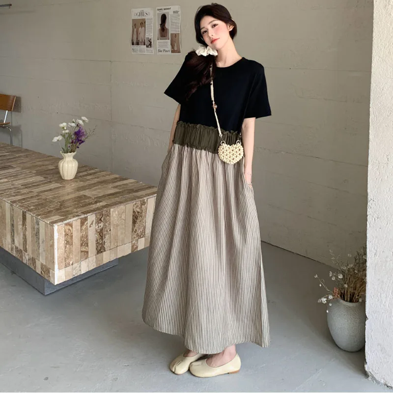ฤดูร้อน 2025 ผู้หญิงหลวมพลัสขนาด Patchwork เสื้อยืดลาย Lady Vestidos หญิง Robe ใหม่ KE56069