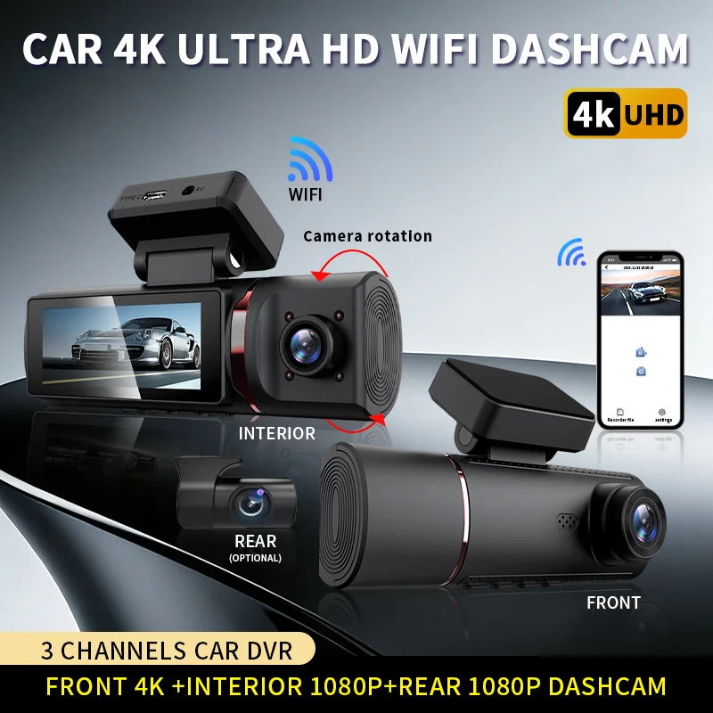 

4K Triple Channel Dash Cam Front 4K Inside Rear 1080P WiFi Car Camera with 170° Wide Angle F1.6 Night Vision Loop Recording