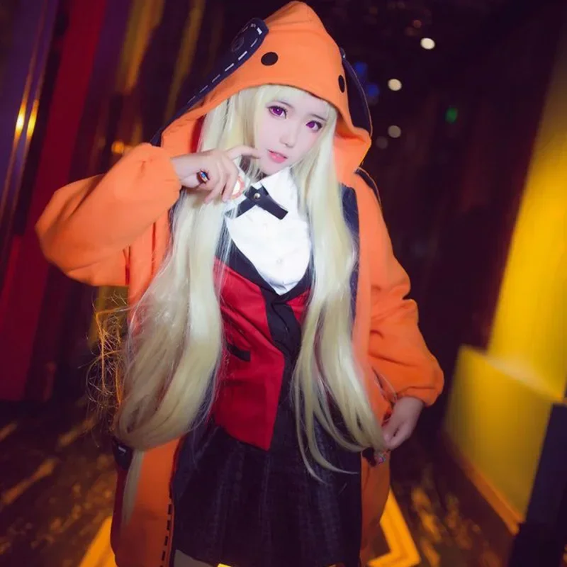 

Yomozuki Runa Cosplay Costume Anime Kakegurui Cosplay Wig and Orange Hooded Jacket School Uniform Halloween Costume for Women