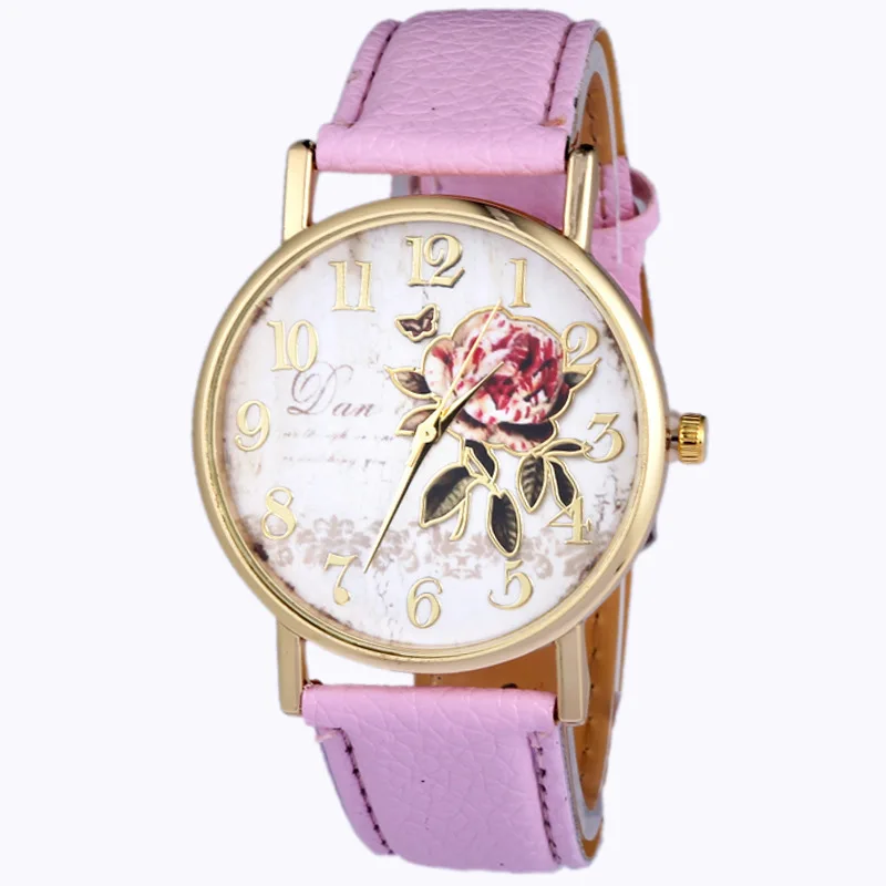 Rose Flower Round Dia Watch Women Elegant Watches Faux Leather Band Arabic Number Quartz Wristwatch Montre Femme Christmas Gift