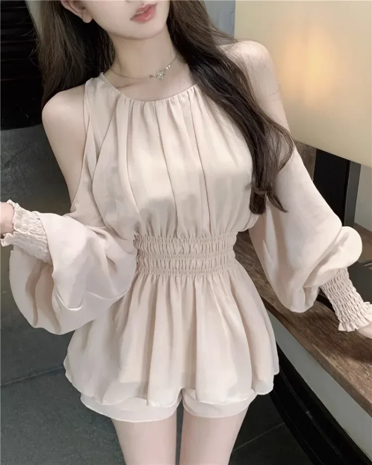 Summer Sweet Fashion Two Piece Set Women Off Shoulder Blouse Hollow Out Elegant Shirts Loose High Waist Shorts Suits Chic