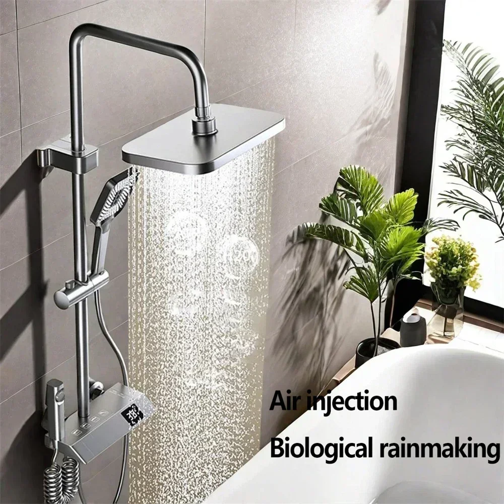 Shower System Shower Set Household Bathroom Piano Button Pressurized Nozzle Shower Set with Digital Display Gun Gray