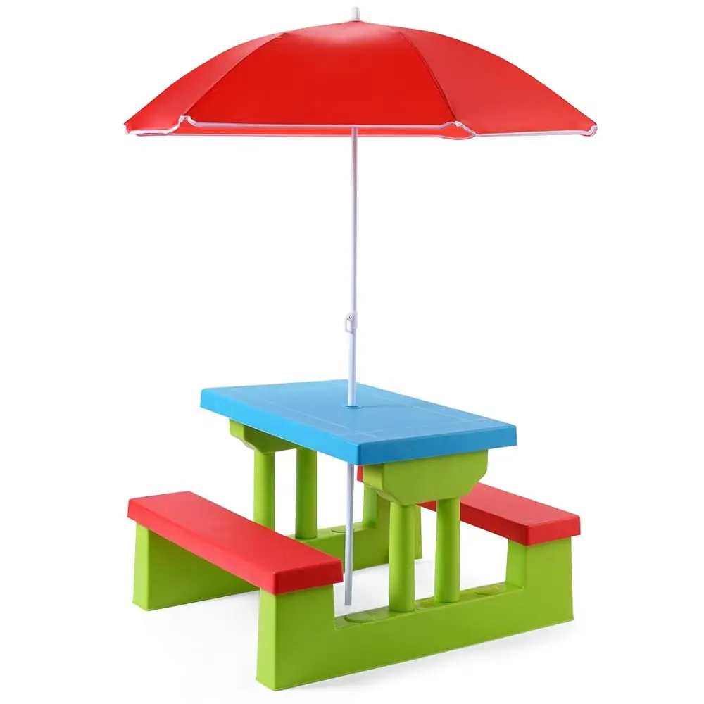 

Kids Picnic Table, Outdoor Kids Table And Bench Set W/Removable Umbrella, Plastic Children Patio Furniture, Toddler Picnic