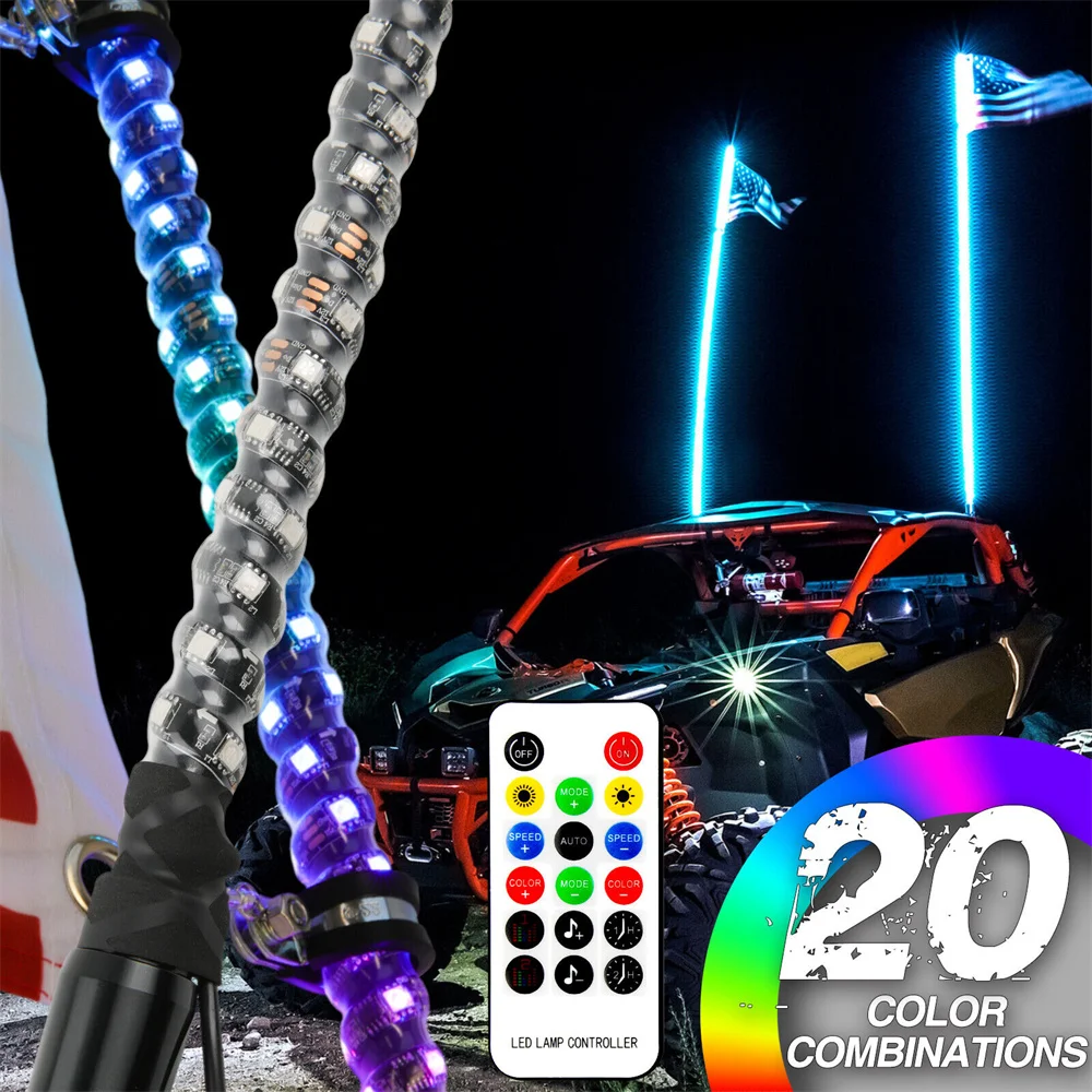 2pcs 60cm Spiral RGB Led Whip Light Remote Control Lighted Antenna Whip for Polaris Can-am ATV UTV RZR Dune Buggy Offroad Truck