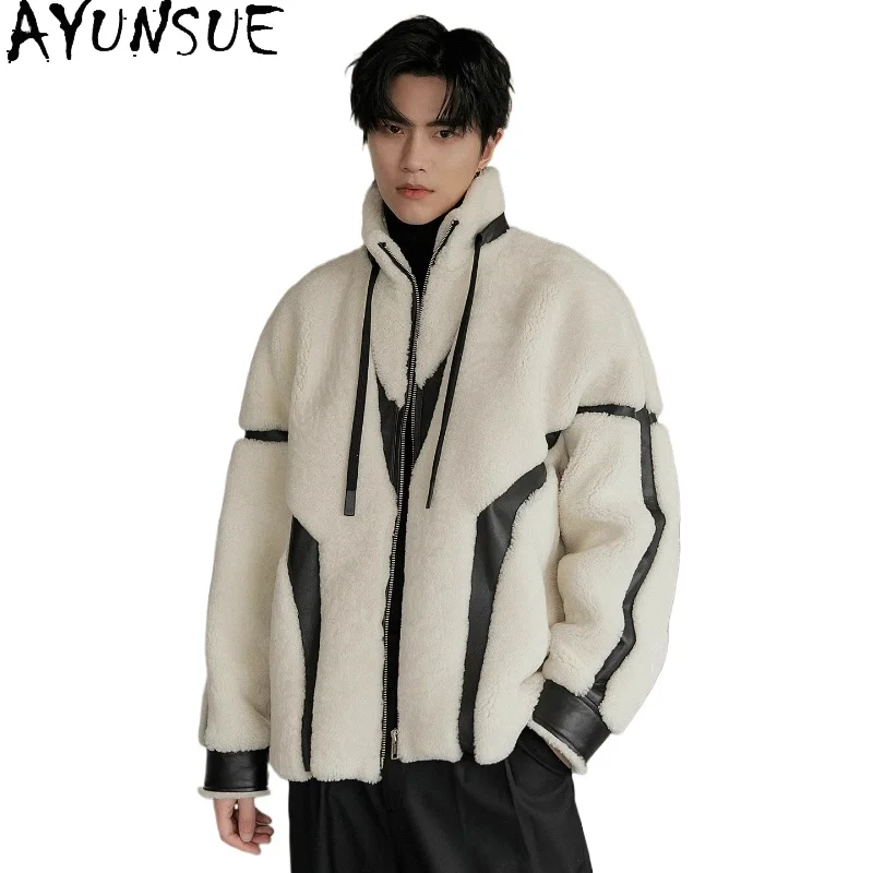 AYUNSUE Luxury Natural Fur Coat Man Fashion Short Real Sheep Shearling Jacket Mortoycycle Wear Genuine Lamb Fur Jackets Abrigos