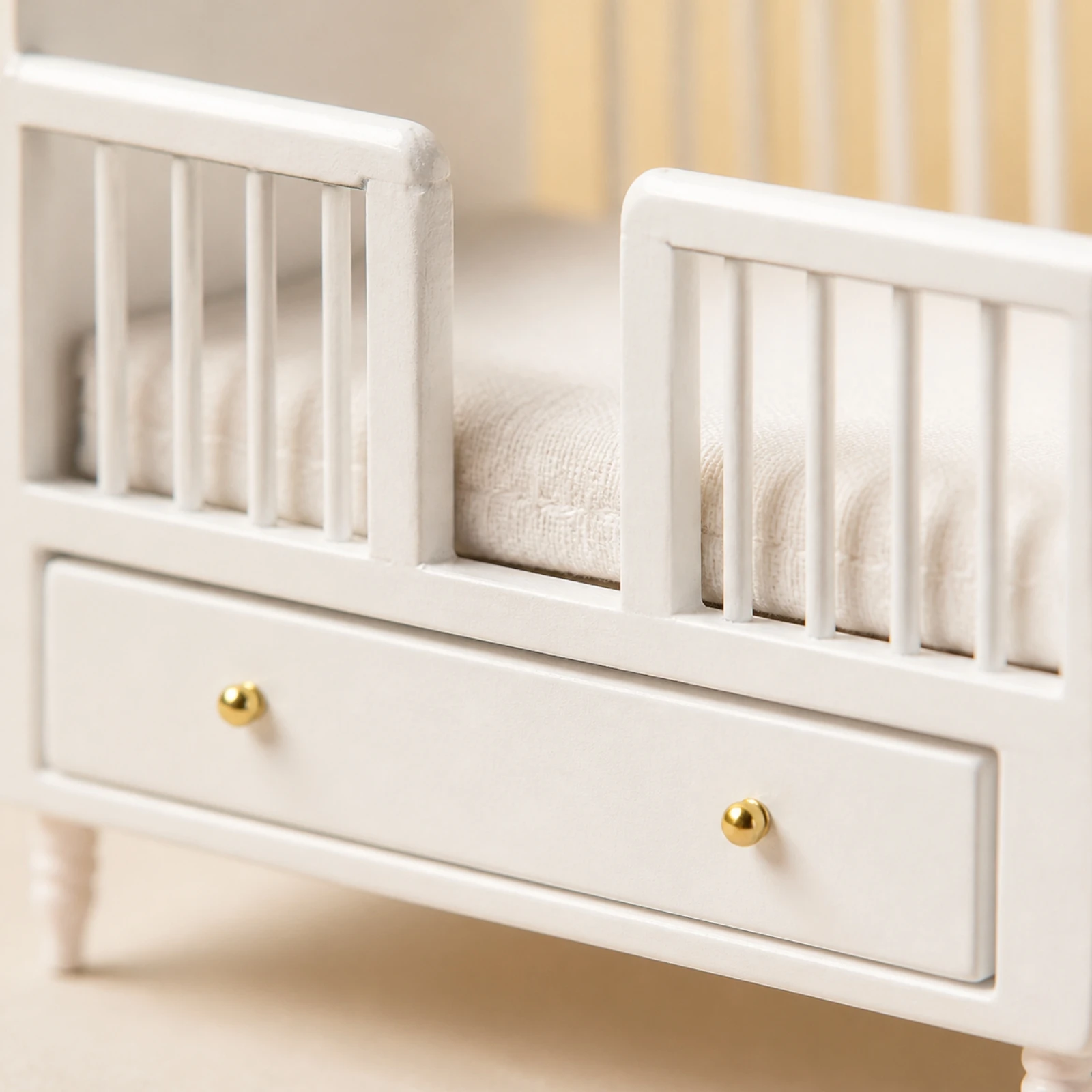 Slatted Miniature Dollhouse Crib with Padded Mattress Exquisite Wooden Miniature Crib with Storage Drawer Lovely Compact