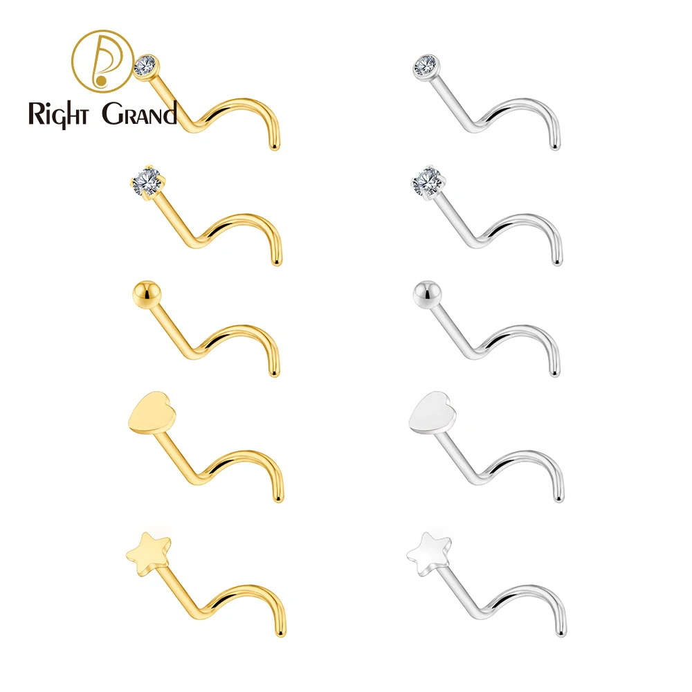 Right Grand ASTM F136 Titanium 20G Nose Stud Ring Hypoallergenic CZ/Ball/Heart/Star Corkscrew Nose Nostril Body Piercing Jewelry