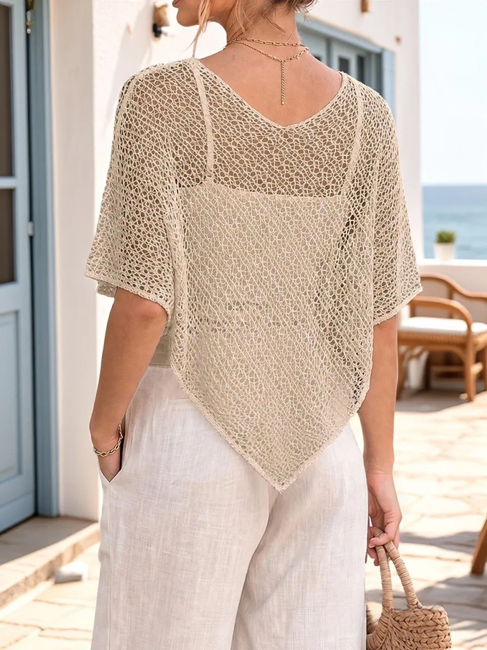 Women's Beige Crochet Beach Cover Up Top, Short Sleeve Loose Mesh Hollow Out Asymmetric Hem Summer Poncho.