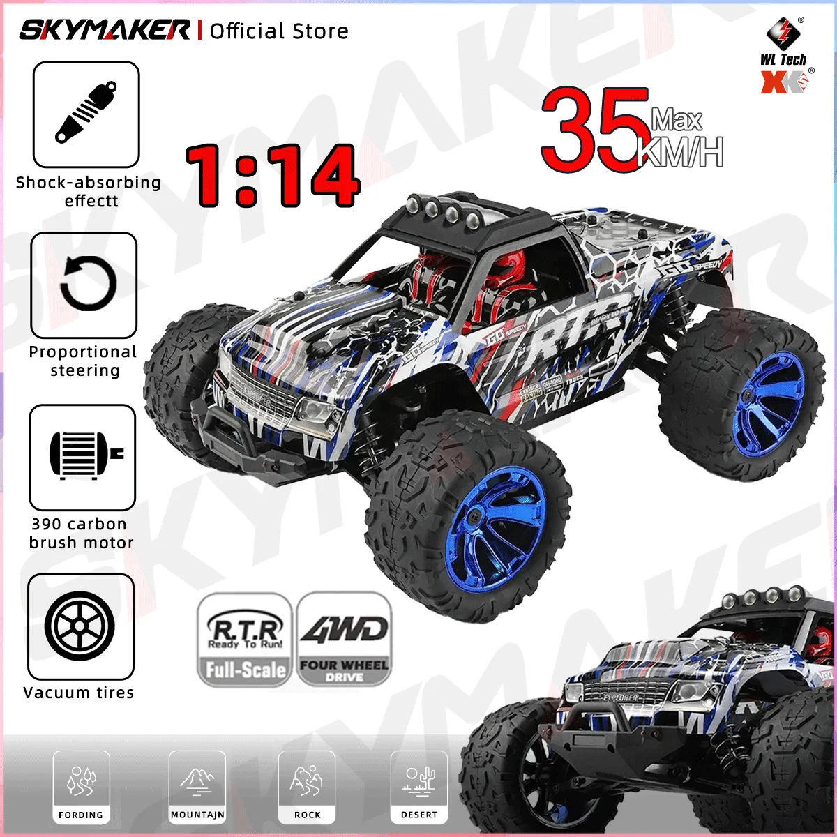 WLtoys 144018 Rc Car 35KM/Hh 1/14 Off Road 4WD with LED Headlights 2.4G Waterproof Remote Control Monster Truck for Adults Gifts