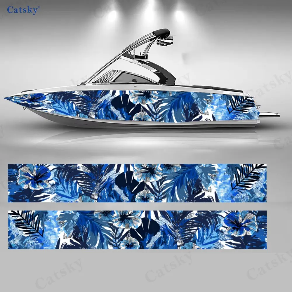 Ink Wash Blue Floral Tropical Boat Stickers, PVC Waterproof Vinyl Wrap Decals for Fishing Boats, Durable and Stylish Design