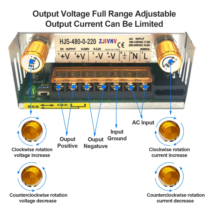 480W cyfrowy wyświetlacz przełączanie zasilania regulowane napięcie ograniczenie prądu 0-5v 12v 24V 36V 48V 60v 80V 120v 220v, HJS-480