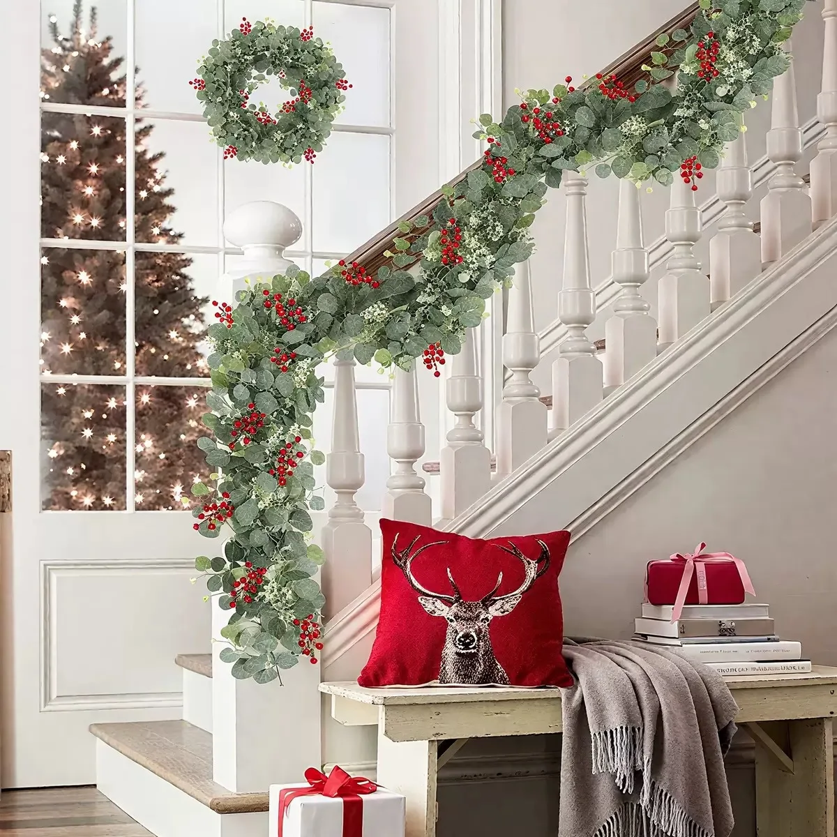 4 Stück/Set 180CM Künstliche Weihnachts-Eukalyptusranke mit roten Früchten, Heimdekoration, Party, Hochzeit, Tischdekoration, Eukalyptusblätter-Ranke – Detail 2