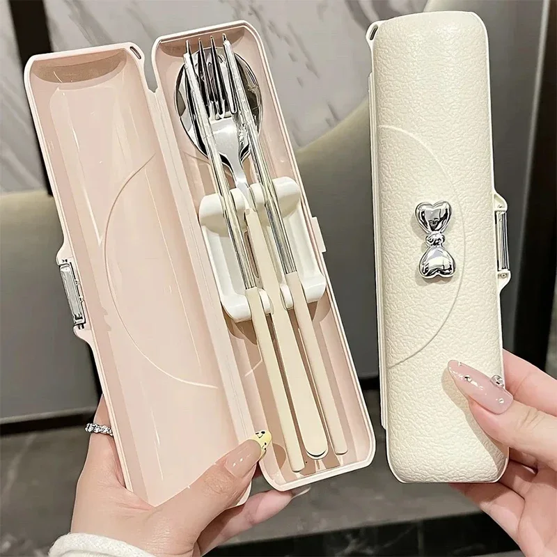 

3pcs stainless steel portable cutlery spoon fork and chopsticks storage box gift Travel set for Outdoor,Picnic,School New year