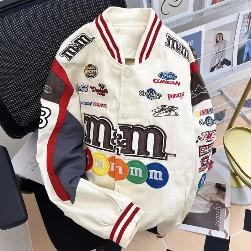 

Classic High Street Industry Embroidery Jacket Men's Spliced Retro Baseball Coats Couple Hip Hop Loose Motorcycle Racing Outwear