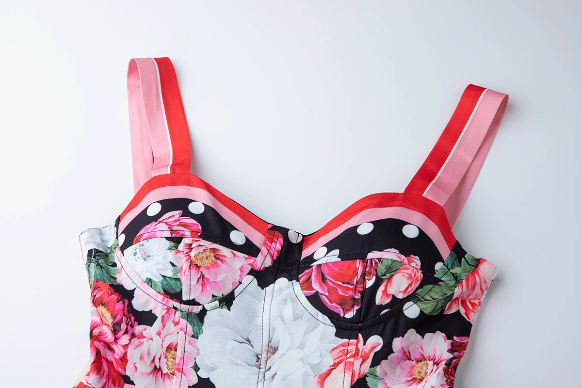 2025 Nuove vacanze estive Dot Flower Print Romantico abito da festa retrò Elastico a vita alta Vacanza Midi Abito lungo Abiti da spiaggia