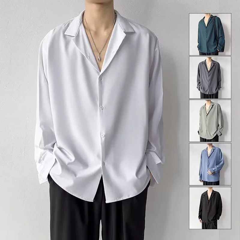 Korean Fashion Men's Shirt Spring Summer New Loose Casual Long-sleeved Lapel High Street Male Suit Shirt White Black Gray Green