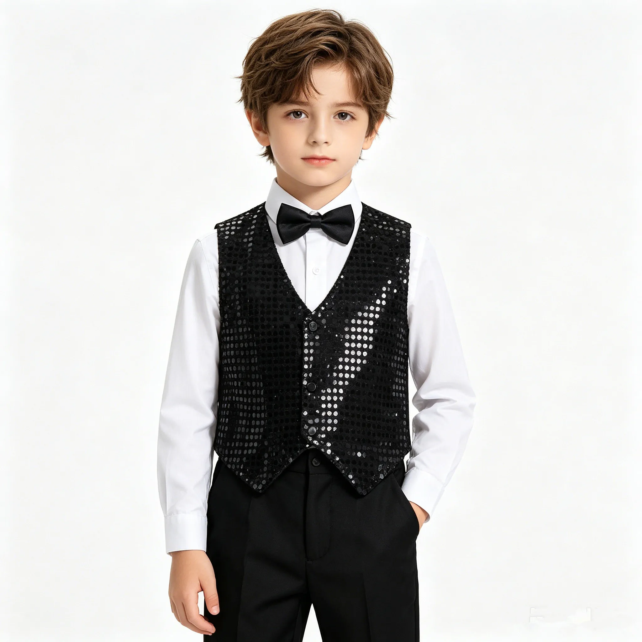 

Children Shiny Sequin Jazz Dance Vest School Choir Waistcoat for Halloween Carnival Theme Party Christmas Birthday Wedding