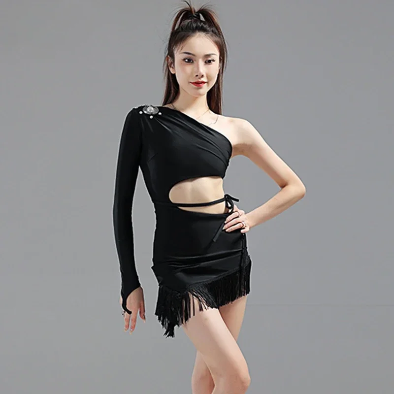 

Latin Dance Dress For Women Slanted Shoulder Long Sleeved Dancing Costume Adult Tango Samba Rumba Training Clothes