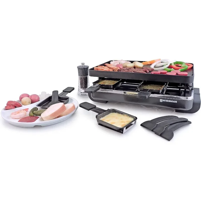 Swissmar KF-77041 Classic 8-Person Raclette Party Grill with Reversible Cast Aluminum Non-Stick Grill Plate/Crepe Top, Black