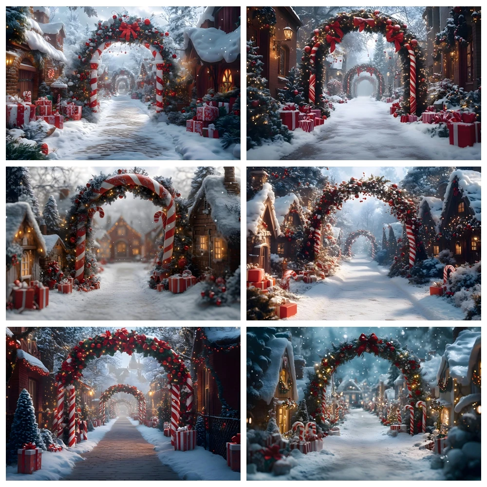 

Winter Christmas Photography Backdrop Xmas North Pole Town Street Candy Cane Arch Door Snow Kids Portrait Photo Background Decor