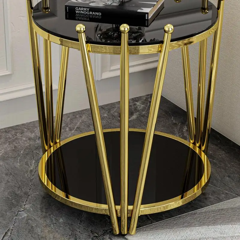 طاولة ذهبية فاخرة حديثة مقاس 19.69 بوصة، تصميم تاج من الفولاذ المقاوم للصدأ، طاولة جانبية مستديرة من الزجاج المقسى باللون الأسود لغرفة المعيشة