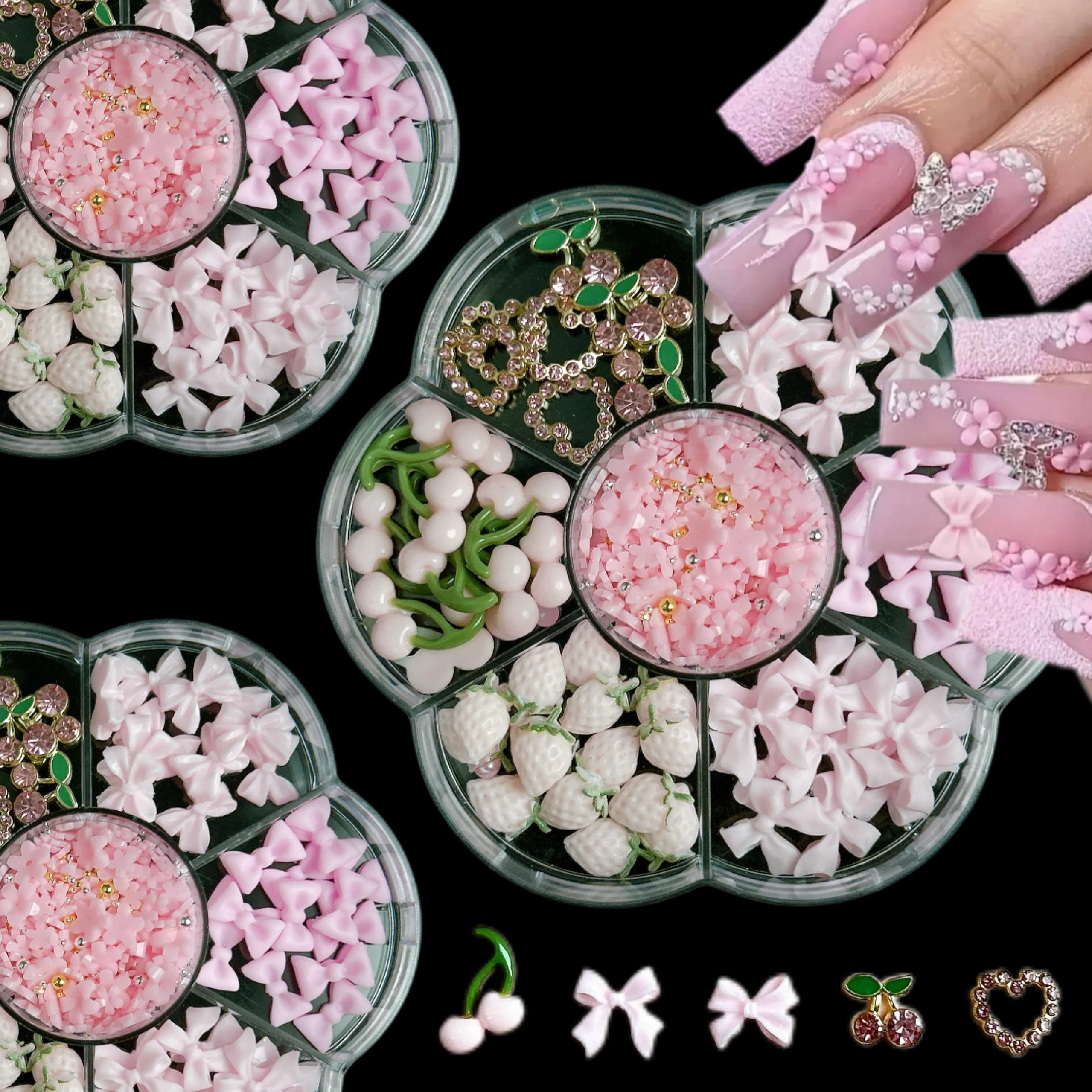 

1Box 3D Hollowed-out Heart Alloy Nail Art Charms Creative Cherry Strawberry Mini Steel Ball Mixed Nail Decorations DIY Nail Sets